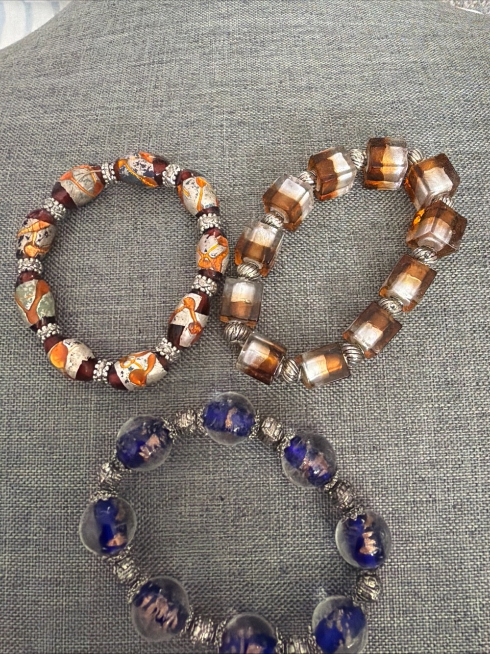 Set of Three Women's Beaded Bracelets - Amber, Cobalt Blue & Multicolor